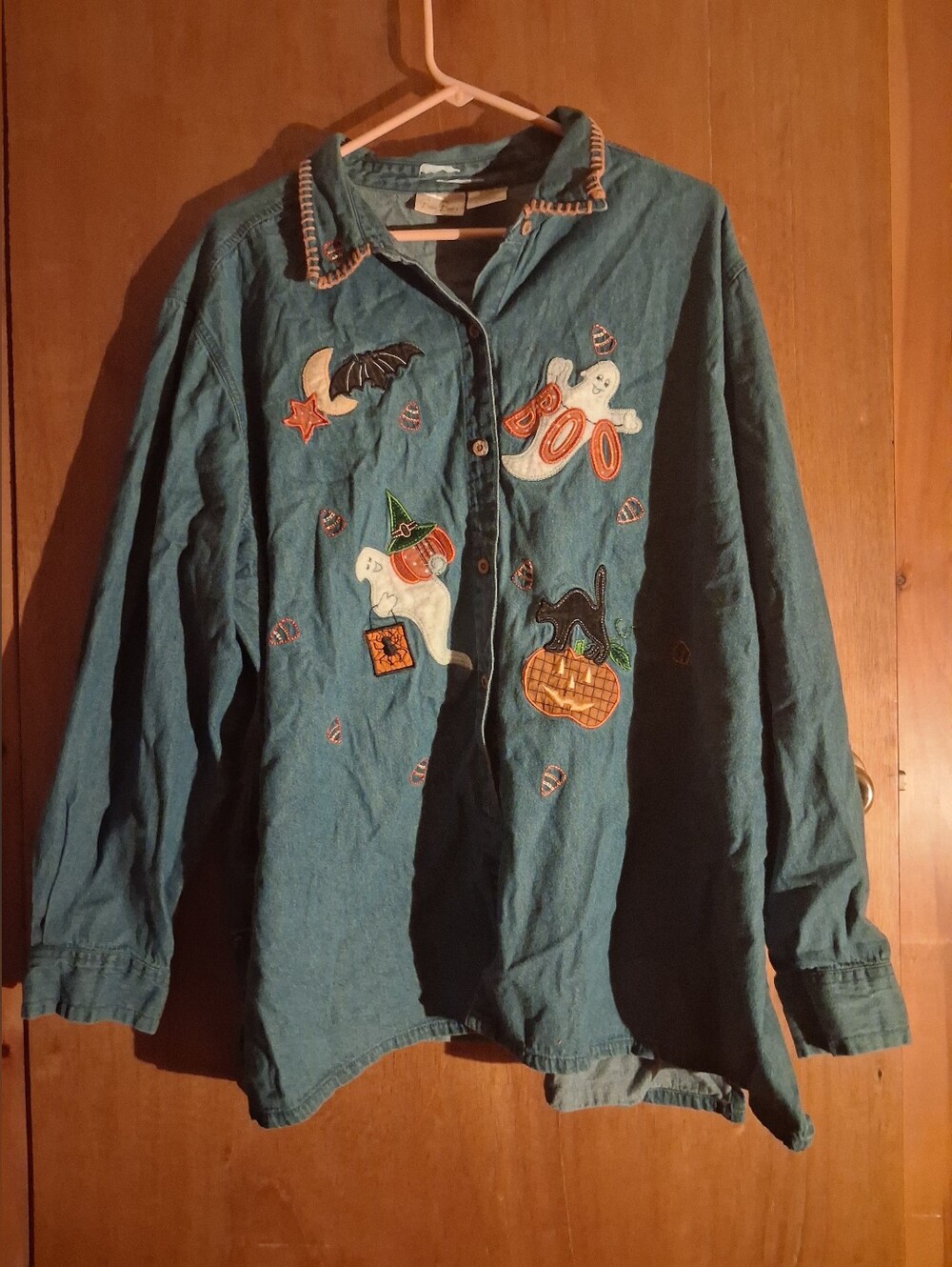 Halloween Embroidered Denim Shirt Jacket -